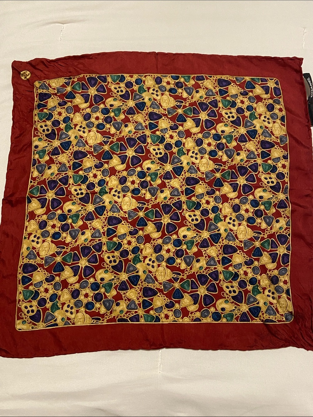 Chanel Silk Square Scarf with Jewel Motif - Red, Gold, Blue, Green